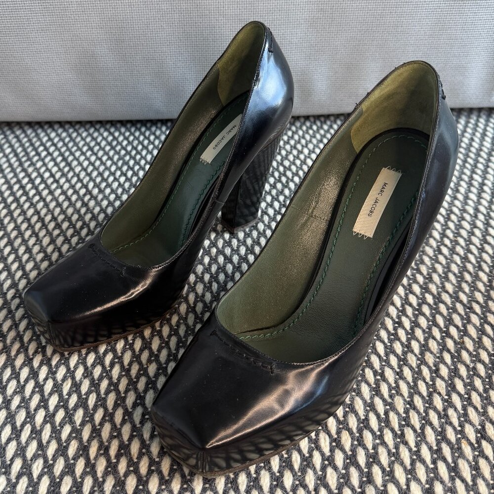 Marc Jacobs Black Leather Heels | Size 40.5 | Square Toe Platform | Designer